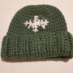 Handcrafted Green Crochet Beanie With White Snowflake Design